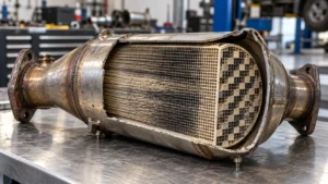 Przekrój filtra DPF z widocznym ceramicznym wkładem o strukturze plastra miodu