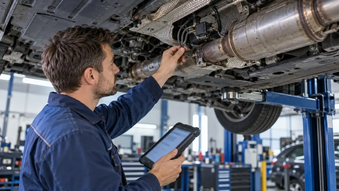 Mechanik sprawdza przewody czujnika różnicy ciśnień podczas diagnostyki DPF