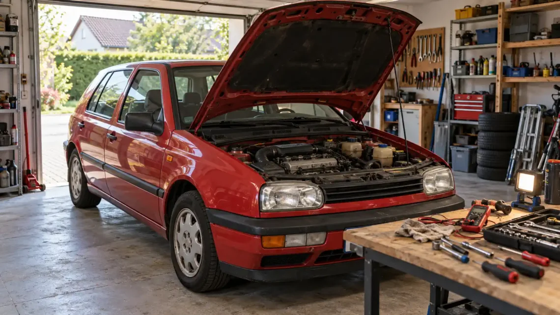 Volkswagen Golf 3 podczas podstawowej diagnostyki w garażu