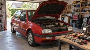 Volkswagen Golf 3 podczas podstawowej diagnostyki w garażu